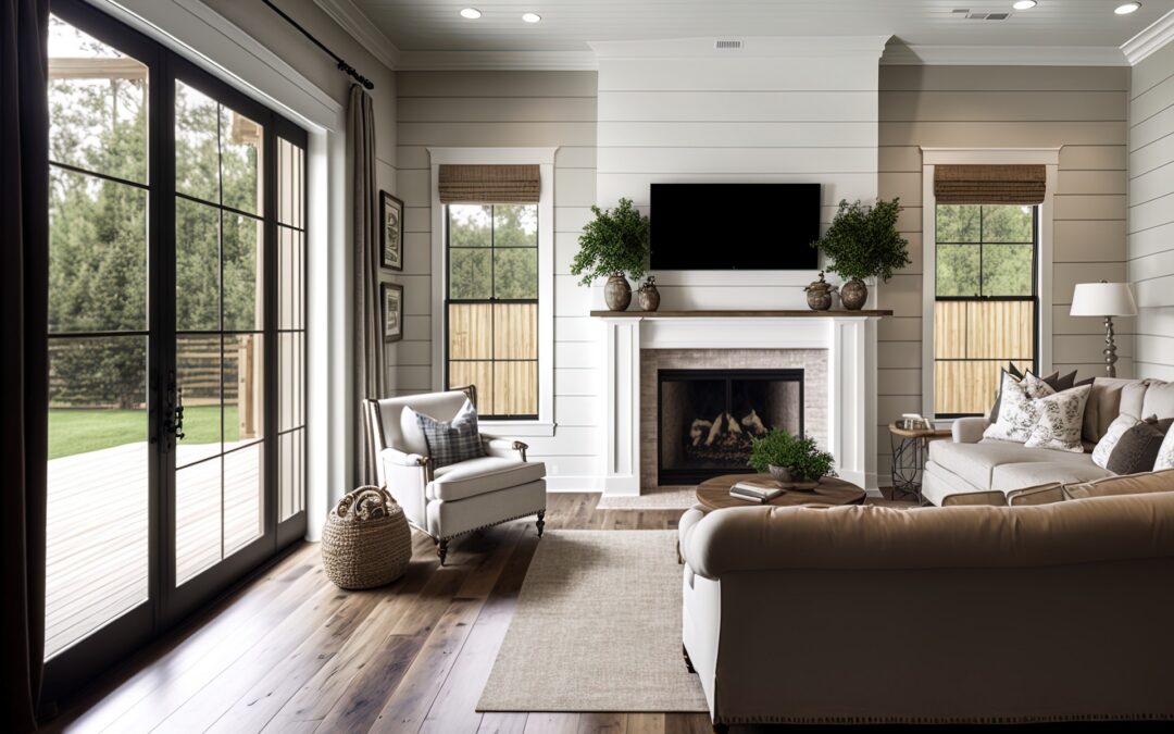 Beautiful living area in a brand new luxury property with a country aesthetic. includes a fireplace, white shiplap, hardwood floors, sliding glass doors leading to a covered patio, a fireplace, and a . Generative AI