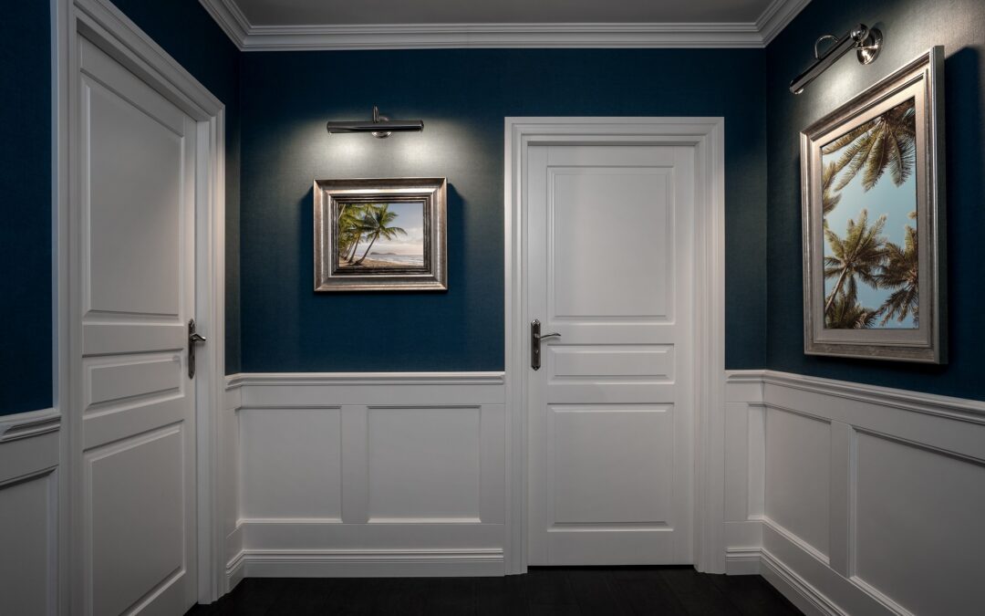 Hallway with elegant wooden moulding panels on the wall