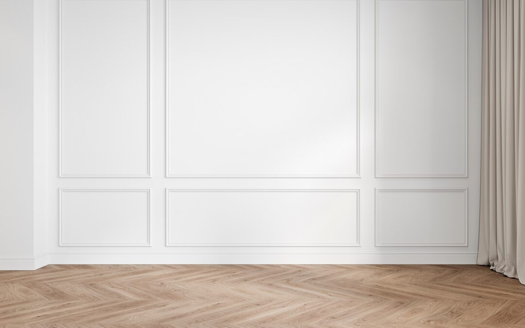 Modern classic white interior blank wall with wood moldings, panelling, wood floor, curtain.